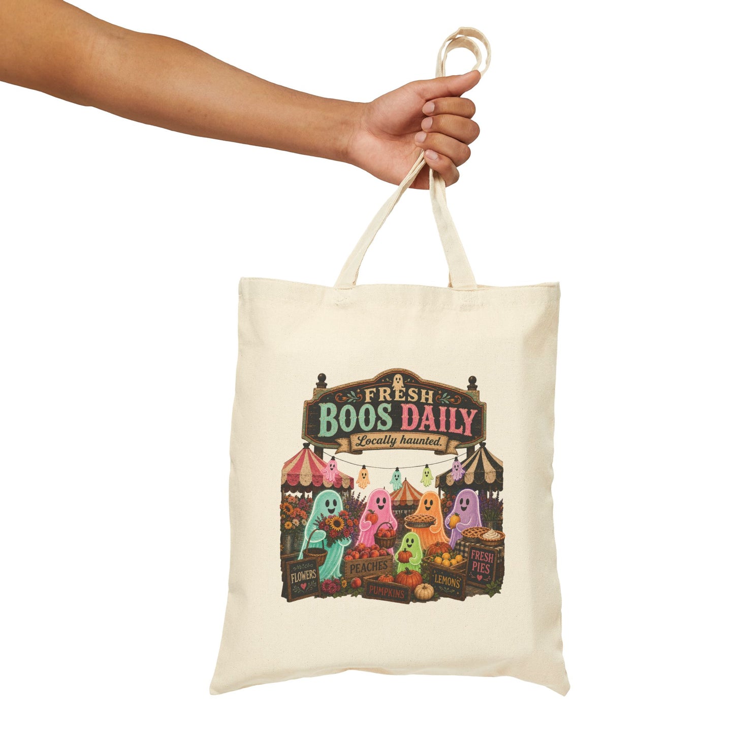 Fresh Boos Daily ghost market Tote Bag | Halloween trick-or-treat canvas tote