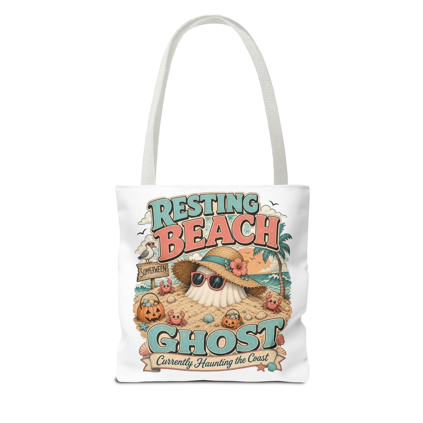 Resting Beach Ghost Tote Bag | Halloween Beach Ghost Illustration