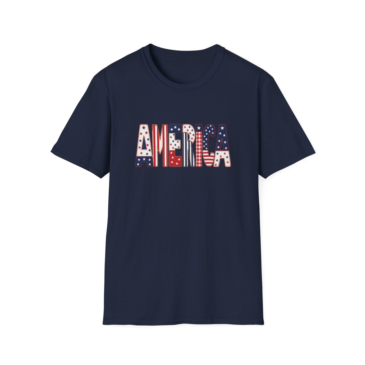 American Flag Patchwork Style Letters T-Shirt | Patriotic Fourth of July Tee