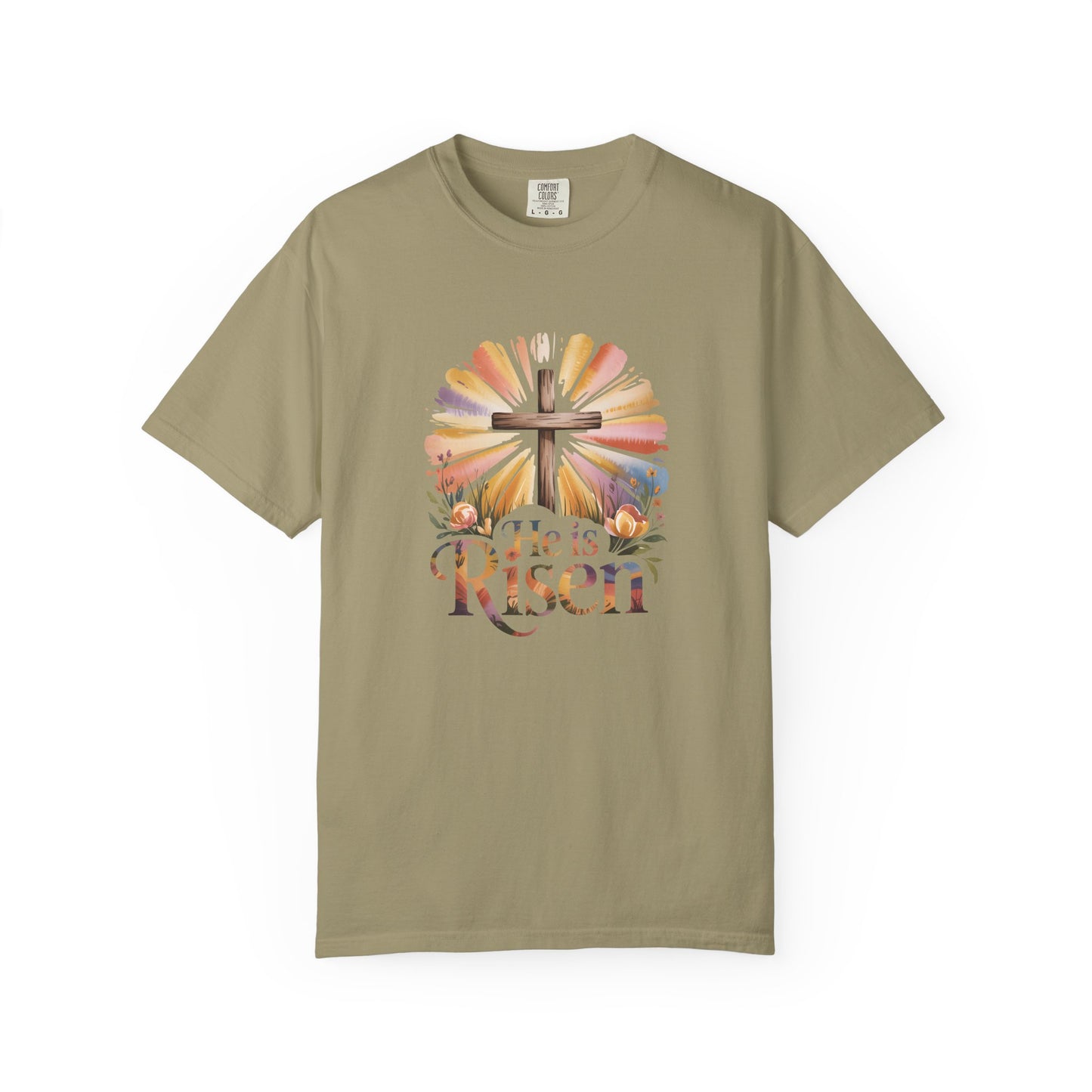 He Is Risen cross sunrise design T-Shirt | Easter faith floral