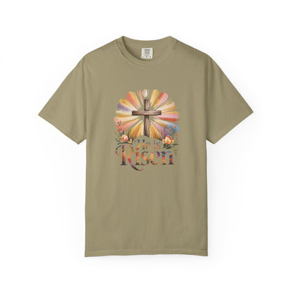 He Is Risen cross sunrise design T-Shirt | Easter faith floral
