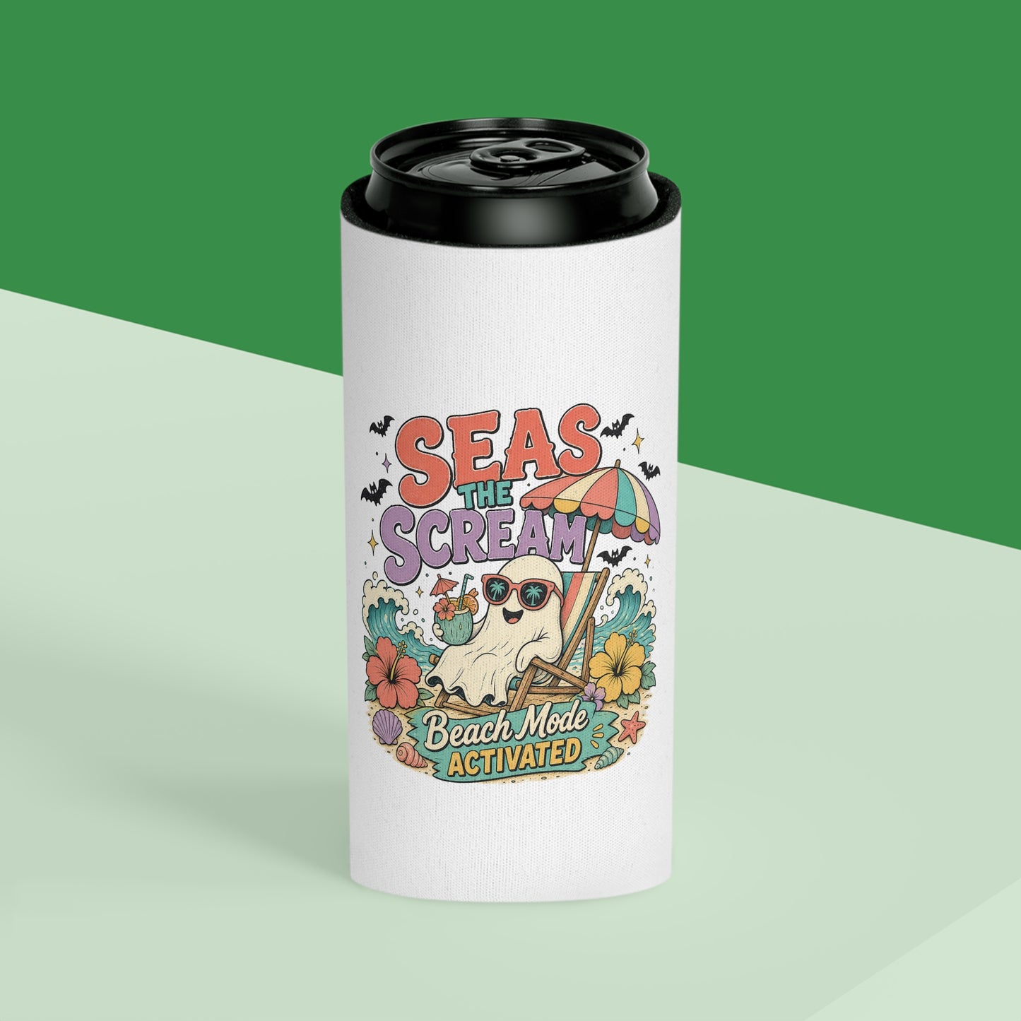 Seas the Scream ghost beach scene Can Cooler | Beach Mode Activated, Tropical Flowers