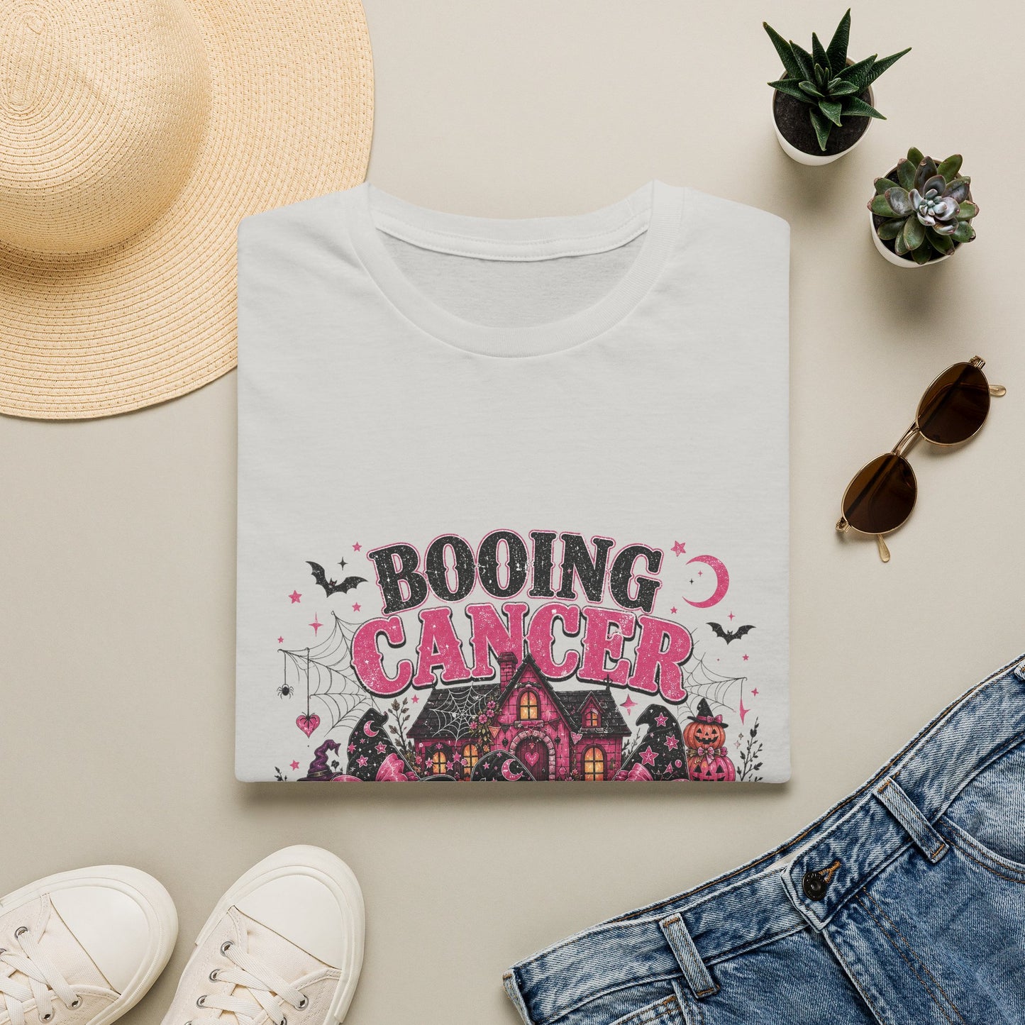Booing Cancer T-Shirt | Halloween Haunted House, Ghosts, Pink Ribbon Awareness