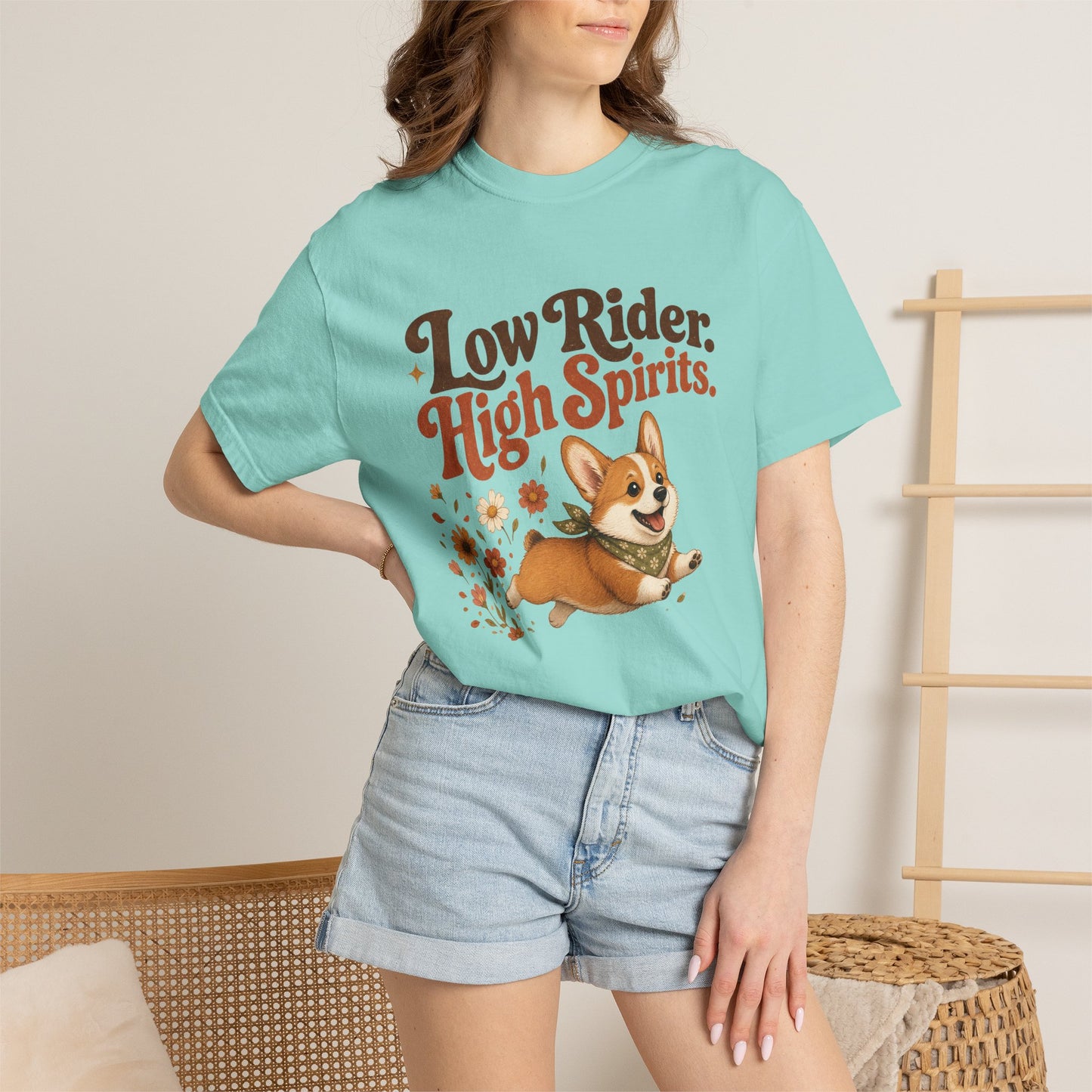 Low Rider High Spirits Corgi T-Shirt | Running Corgi Illustration, Autumn Leaves