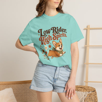 Low Rider High Spirits Corgi T-Shirt | Running Corgi Illustration, Autumn Leaves