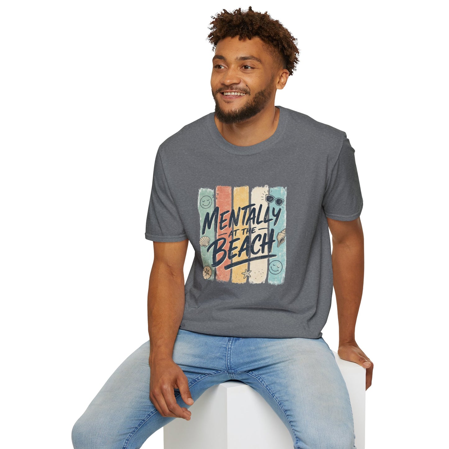 Mentally at the Beach T-Shirt | Retro Stripes, Sunglasses & Seashells