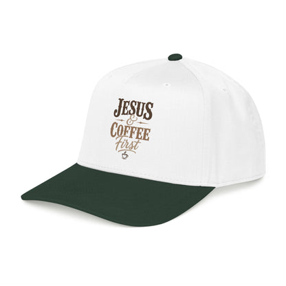 Jesus & Coffee First Mid Profile Baseball Cap | Christian Script Logo