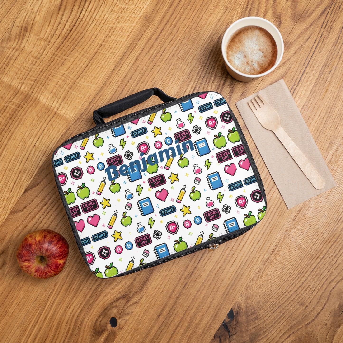 Pixel Arcade Game Icons Lunch Bag | Personalized Name Option