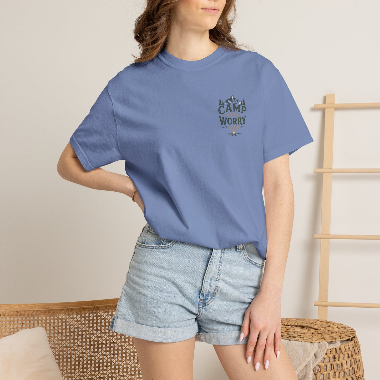 Camp More Worry Less T-shirt | Camping Mountains Pine Trees Design