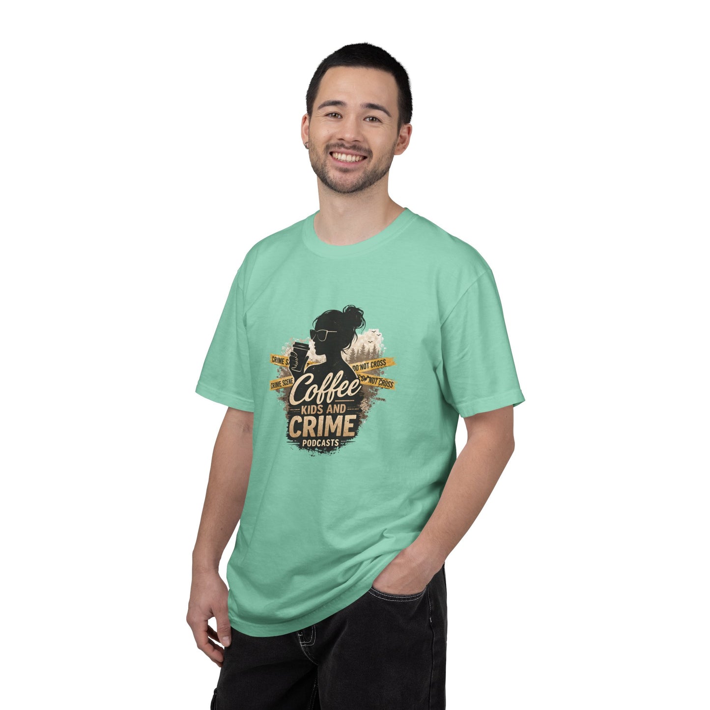 Coffee Kids and Crime Podcast Mom T-Shirt | Coffee Mug Silhouette Tee