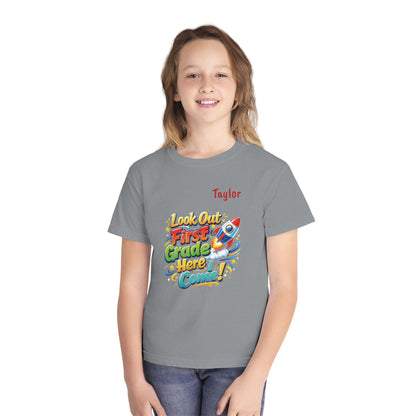 First Grade Here I Come Youth Tee | Rocket Back to School Shirt