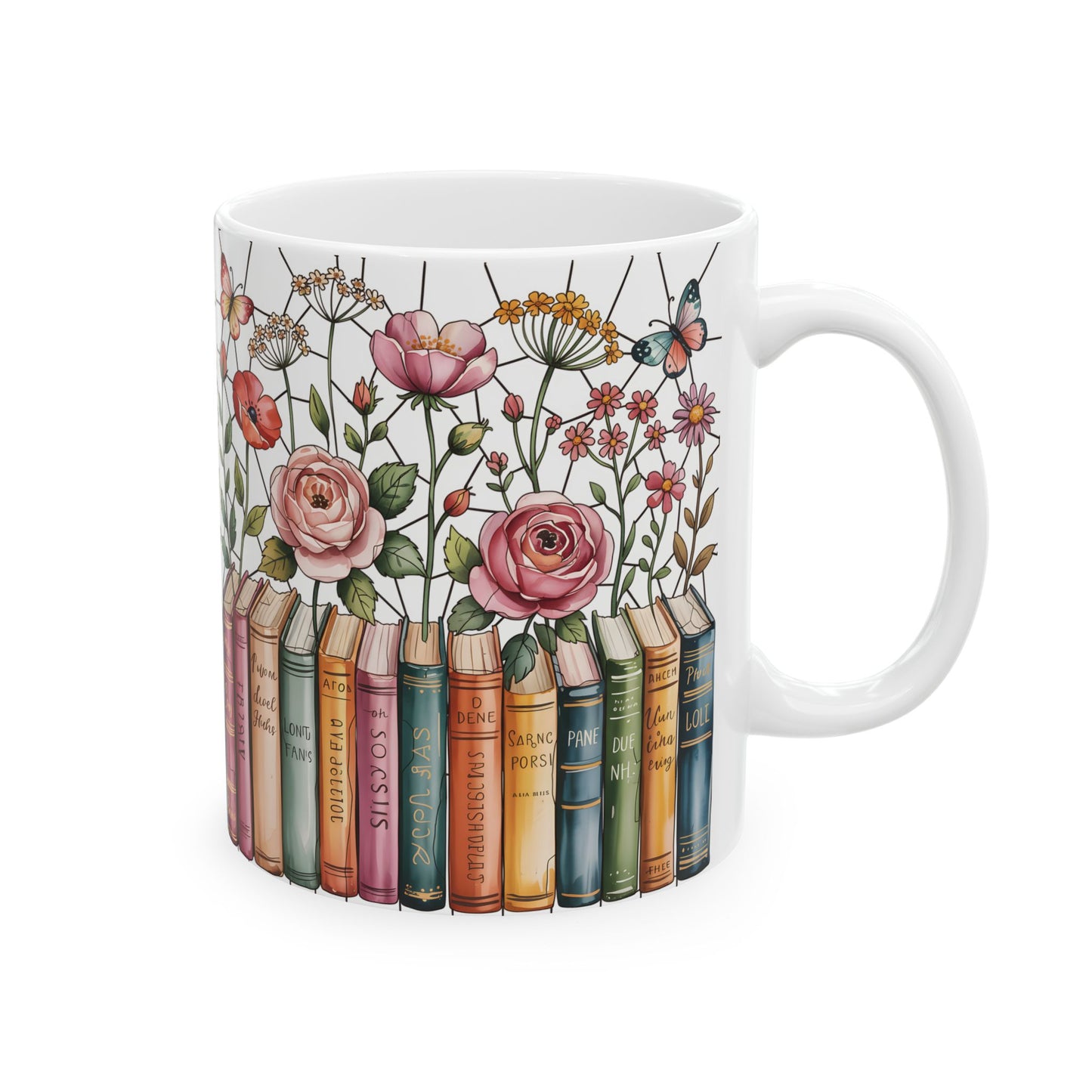 Floral Bookshelf Illustration Mug | Ceramic Book Lover Coffee Cup Stained Glass Effect
