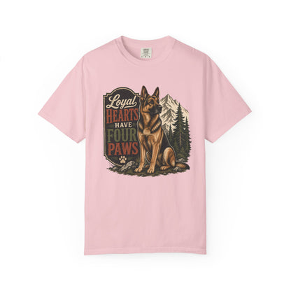 Loyal Hearts Have Four Paws German Shepherd T-shirt | Mountain Forest Dog Design