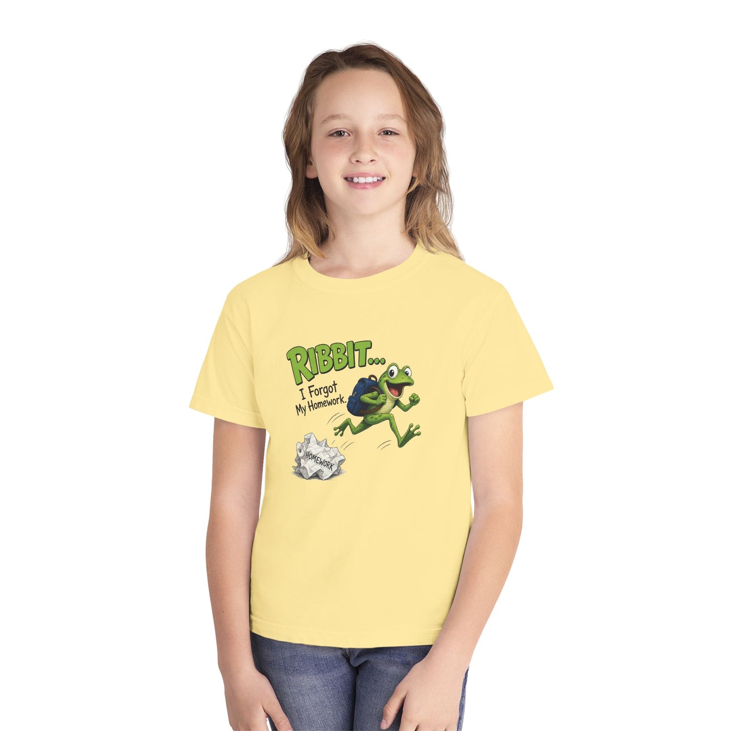 Ribbit Frog Character Youth Tee | Funny Forgot My Homework Design