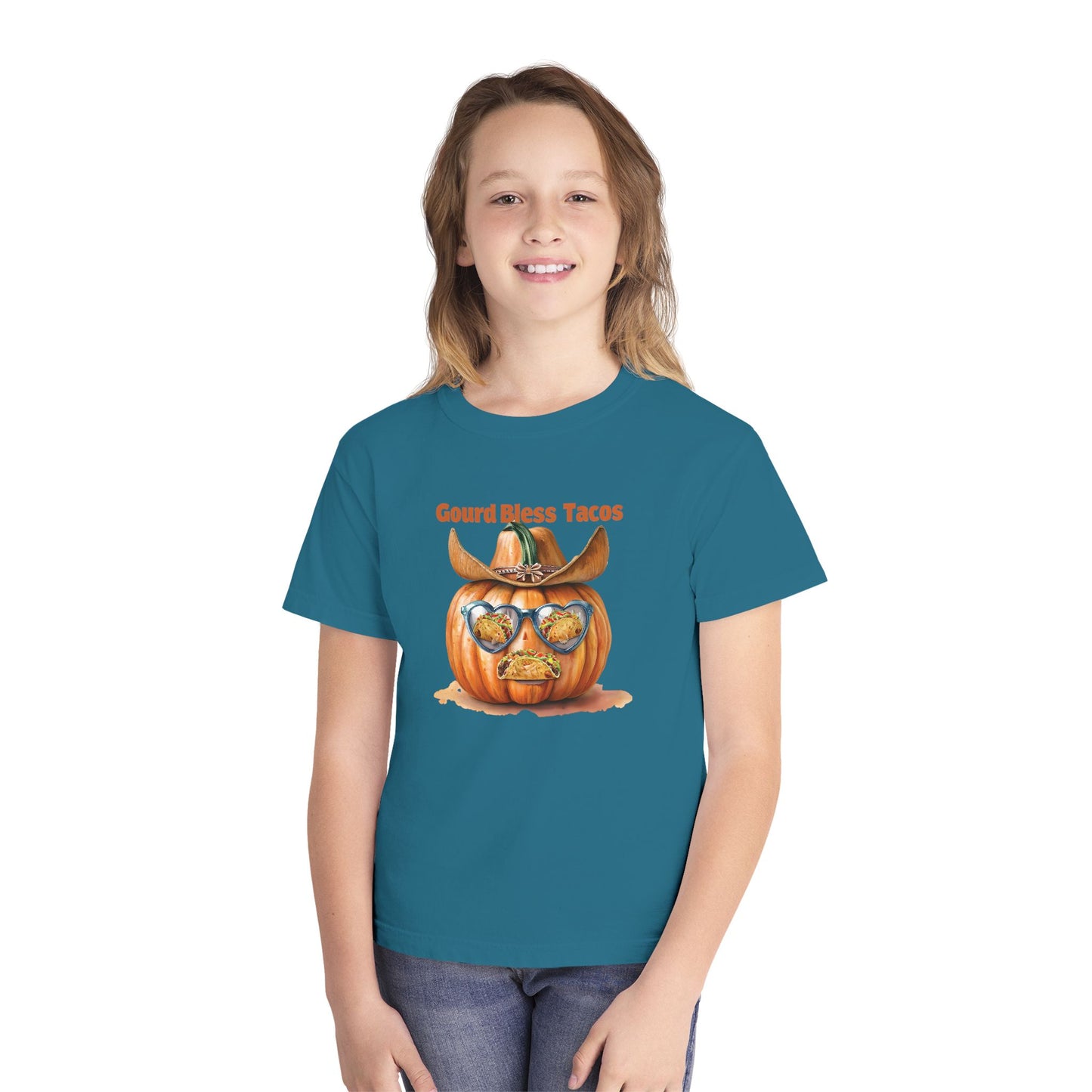 Whimsical Fall Youth Tee - Gourd Bless Tacos, Halloween Shirt, Kids Autumn Apparel, Thanksgiving Humor Top, Funny Seasonal Gift