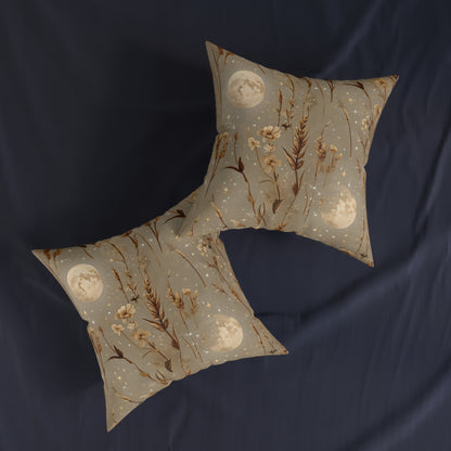 Celestial Floral Square Pillow - Cozy Decor, Moonlight Dreams, Boho Home Accents, Elegant Gift for Her, Bedroom Knickknack, Harvest Moon