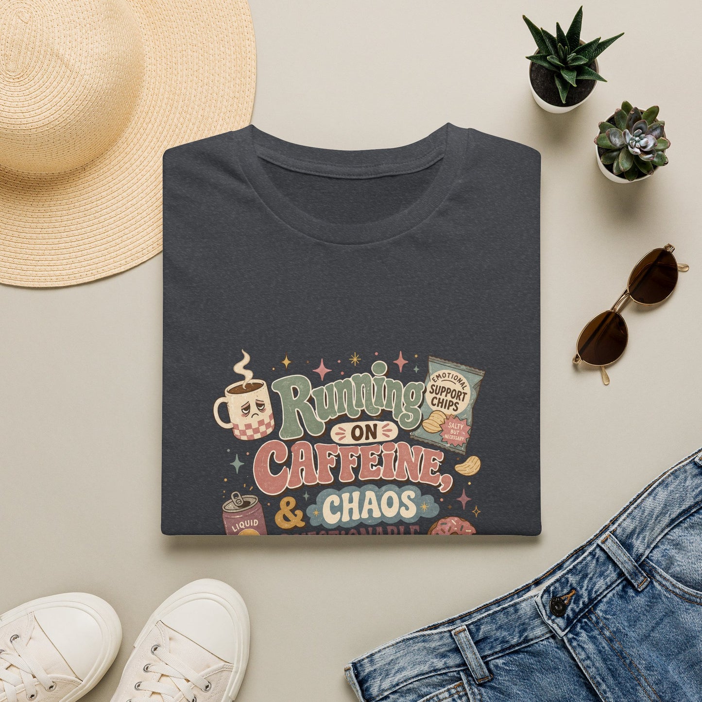Running on Caffeine & Chaos T-Shirt | Coffee Mug Donut Illustration