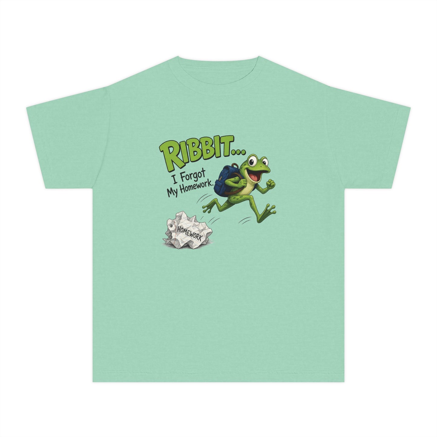 Ribbit Frog Character Youth Tee | Funny Forgot My Homework Design