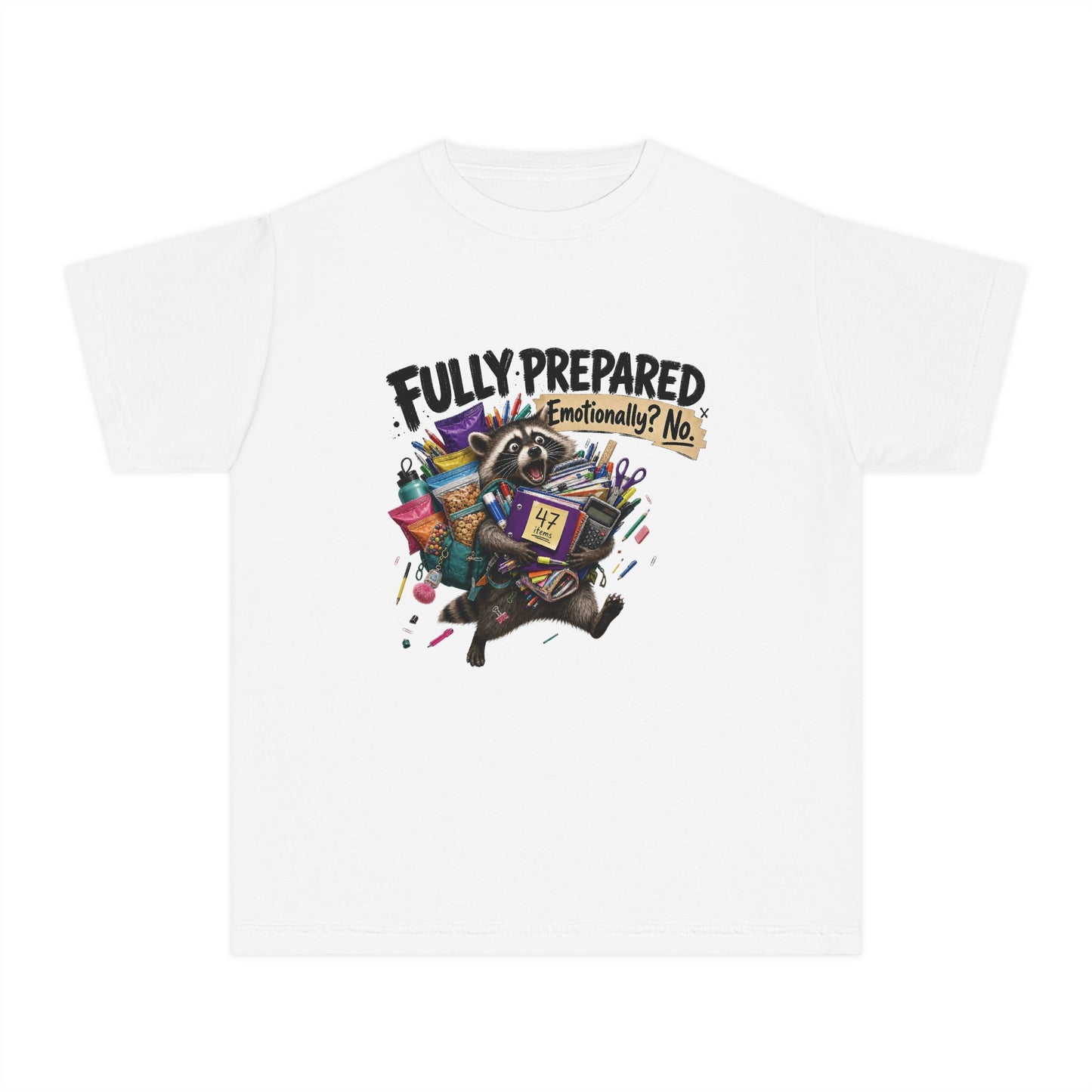 Fully Prepared Raccoon Supplies T-Shirt | Funny Back-to-School Kids Tee
