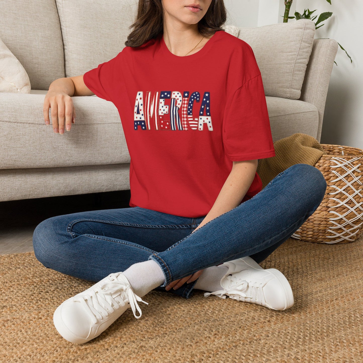 American Flag Patchwork Style Letters T-Shirt | Patriotic Fourth of July Tee