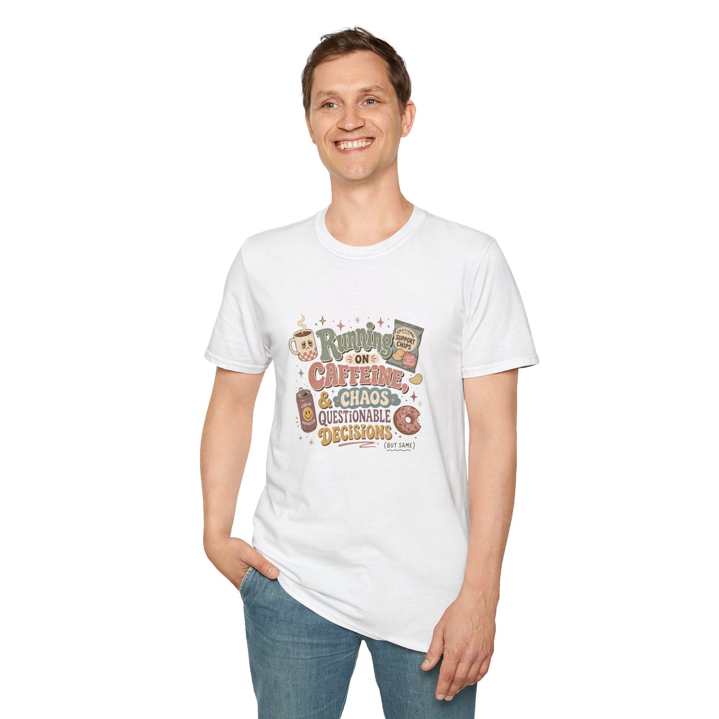 Running on Caffeine & Chaos T-Shirt | Coffee Mug Donut Illustration