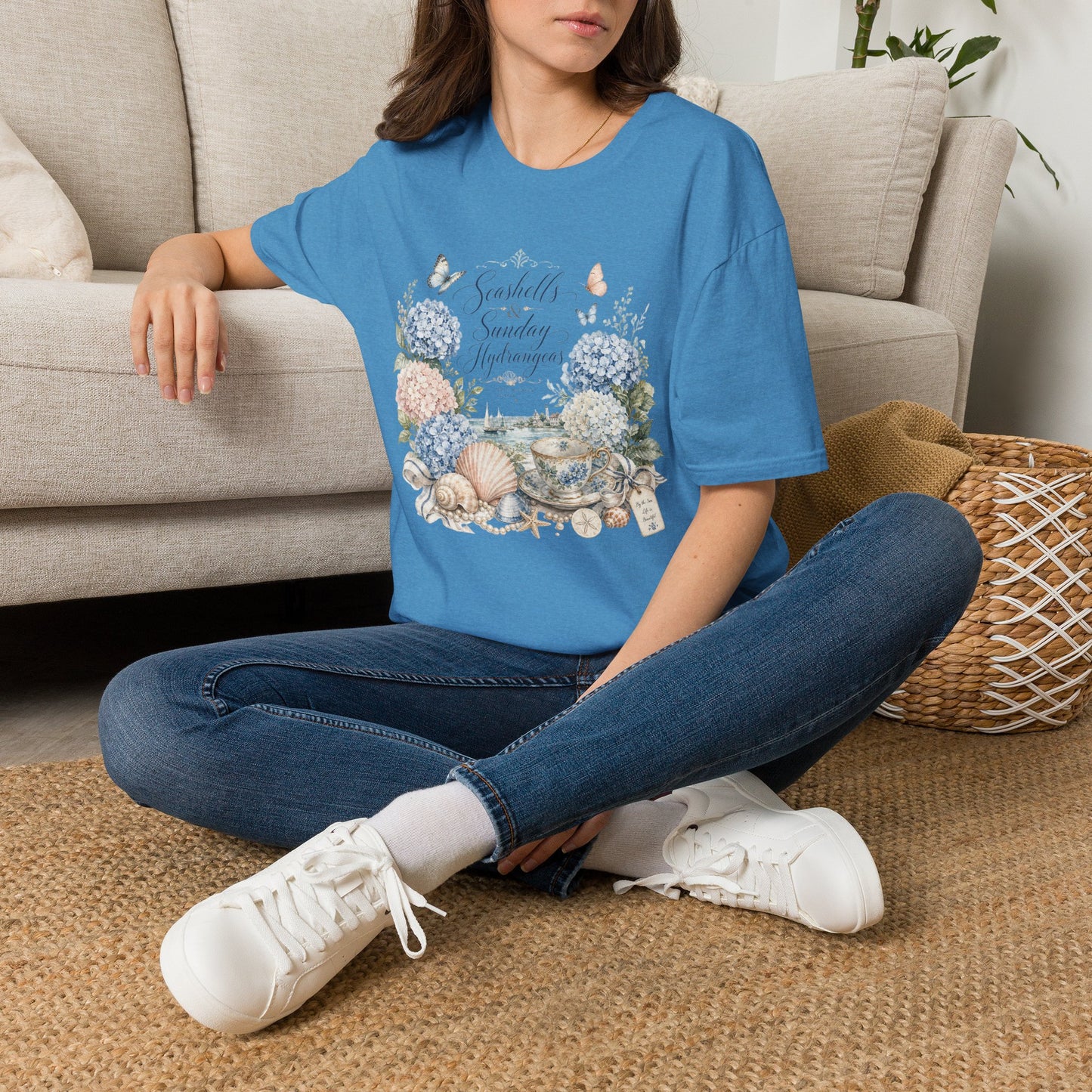 Seashells & Sunday Hydrangeas T-Shirt | Floral Coastal Cottage Shirt