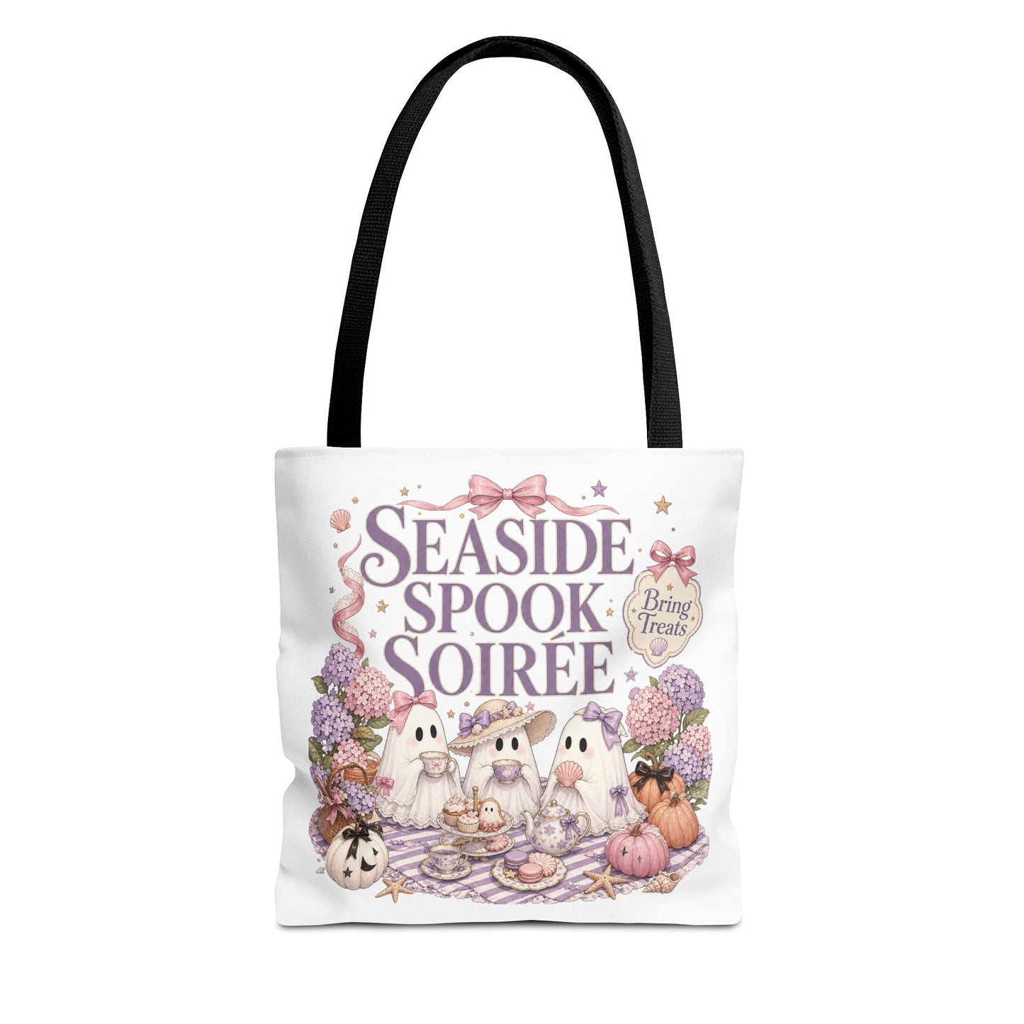 Seaside Spook Soiree Tote Bag | Halloween Ghost Picnic Illustration