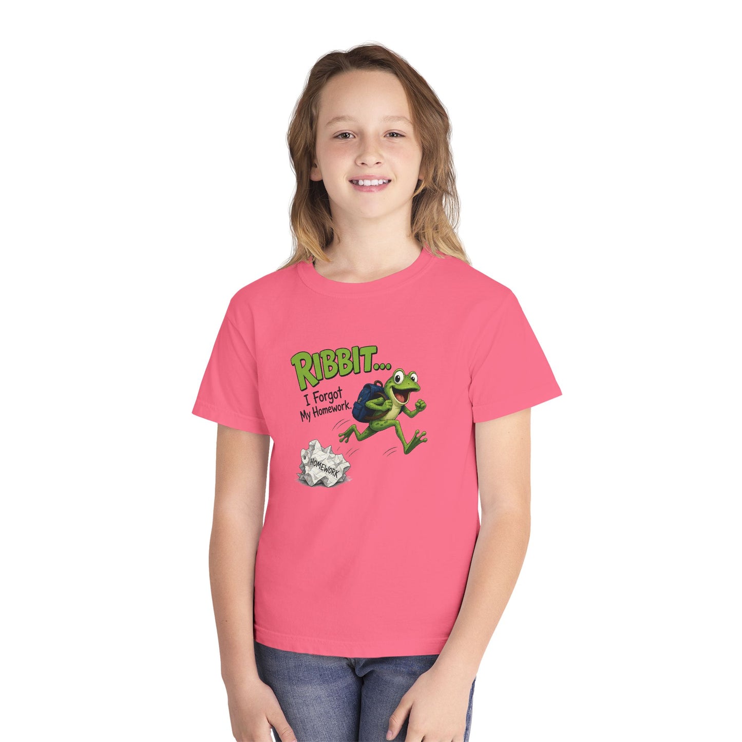 Ribbit Frog Character Youth Tee | Funny Forgot My Homework Design