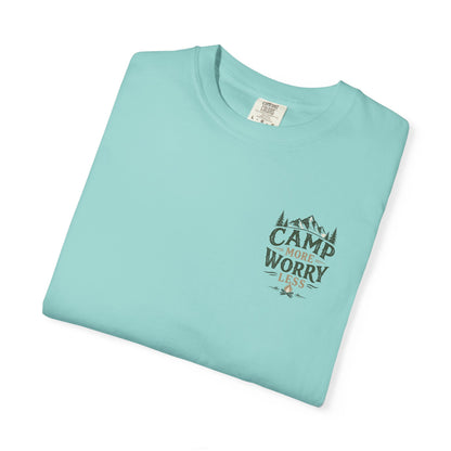 Camp More Worry Less T-shirt | Camping Mountains Pine Trees Design