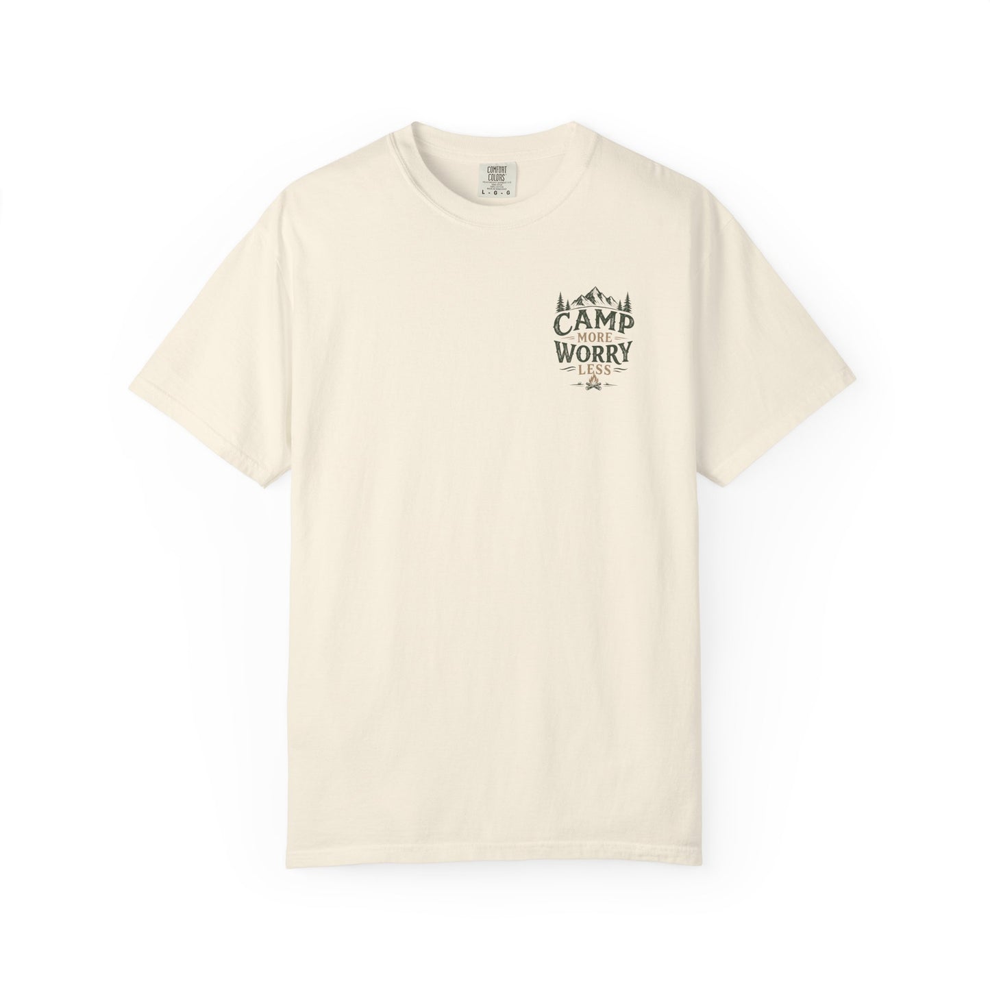 Camp More Worry Less T-shirt | Camping Mountains Pine Trees Design
