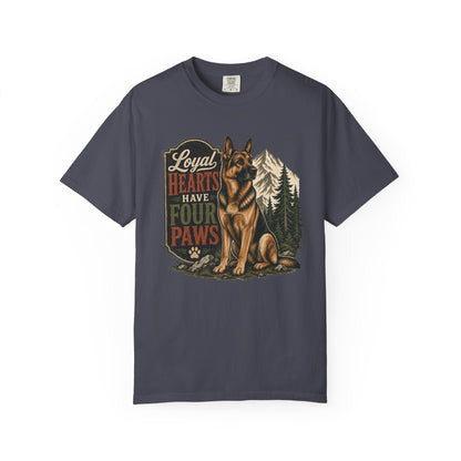Loyal Hearts Have Four Paws German Shepherd T-shirt | Mountain Forest Dog Design