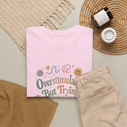 Overstimulated But Trying tee | Funny Mental Health Shirt, Cute Retro Doodles