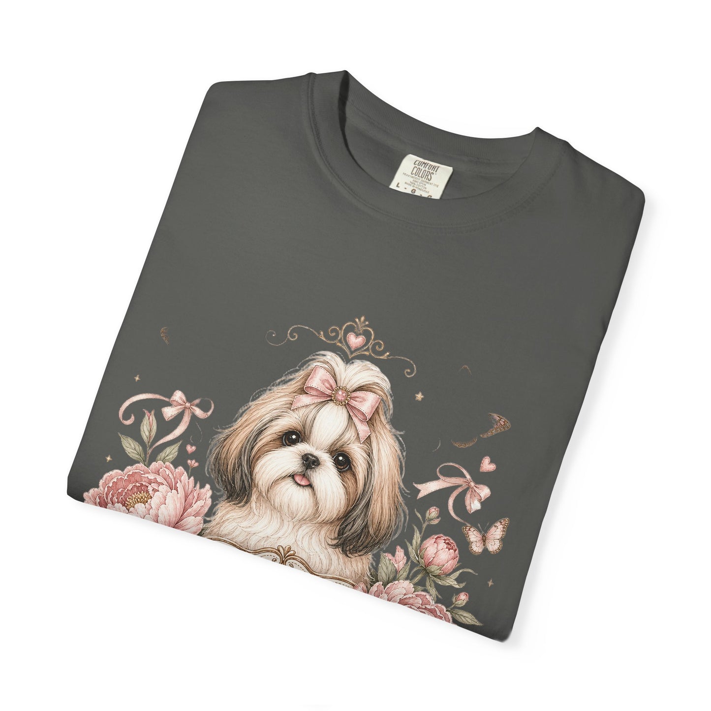 Shih Tzu Floral Portrait T-Shirt | Tiny Floof Illustration, Pink Roses