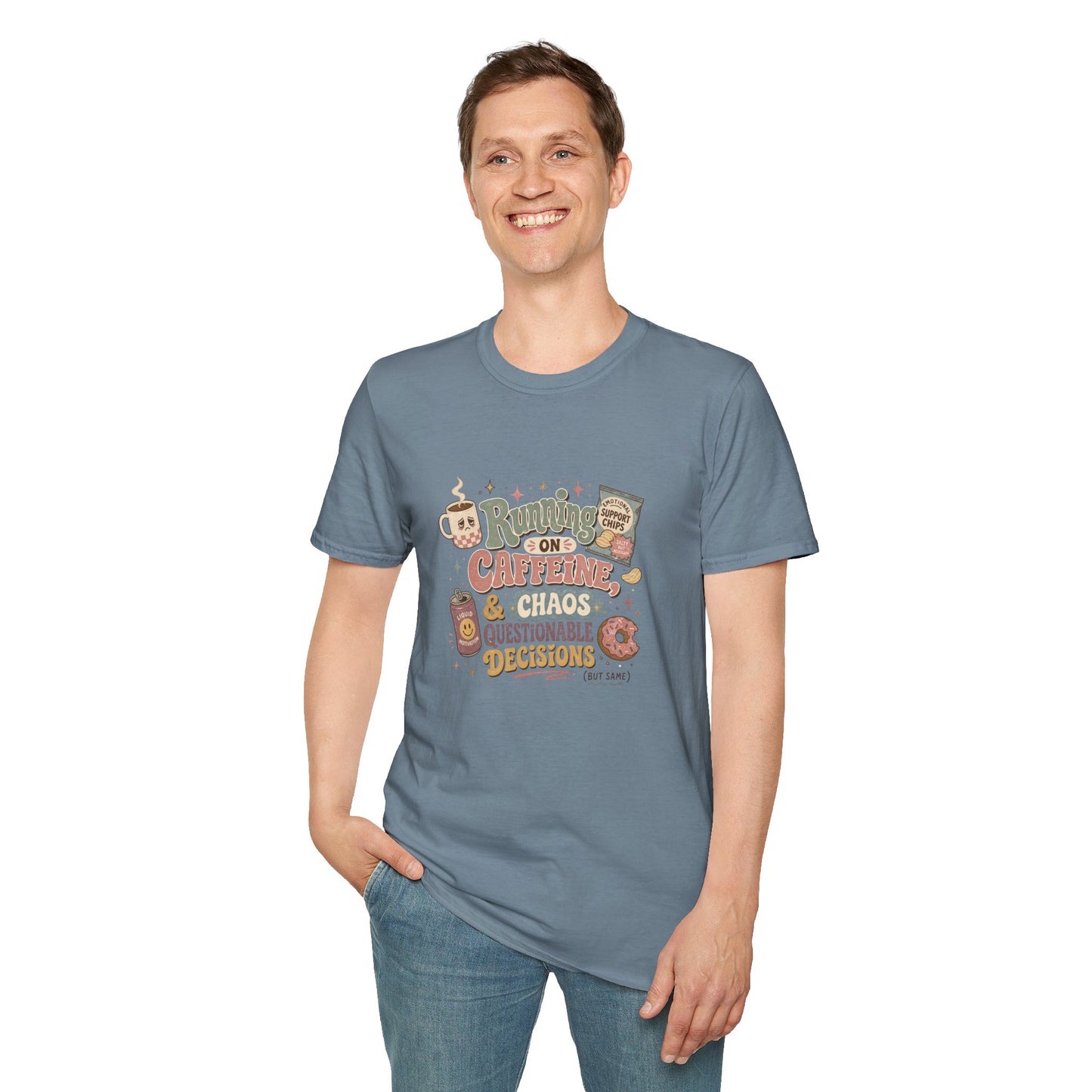 Running on Caffeine & Chaos T-Shirt | Coffee Mug Donut Illustration