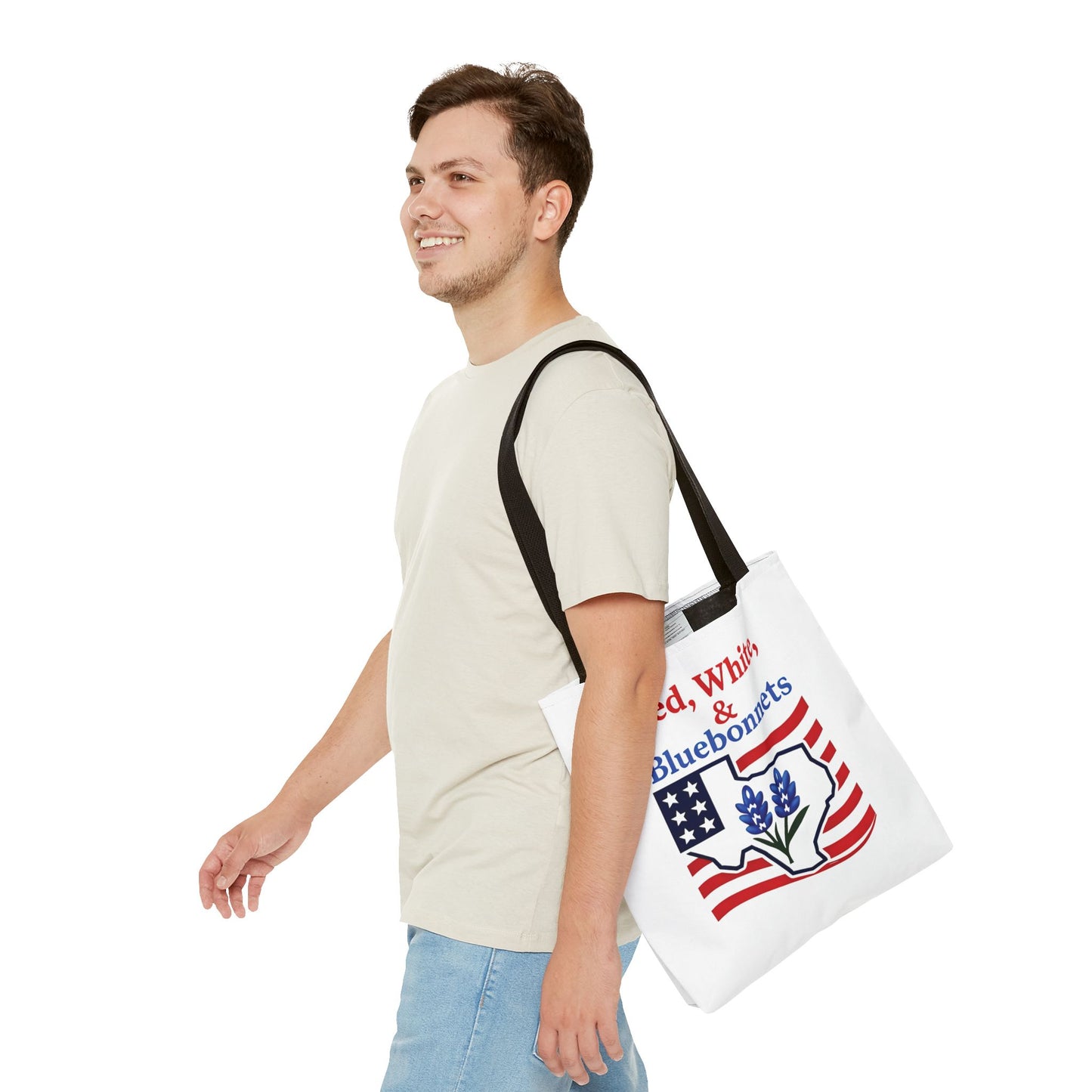 Texas Patriot Tote Bag, Red White and Bluebonnets, Independence Day Accessory, Summer Travel Bag, Gift for Texans, Stylish Grocery Tote