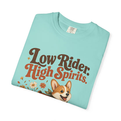 Low Rider High Spirits Corgi T-Shirt | Running Corgi Illustration, Autumn Leaves