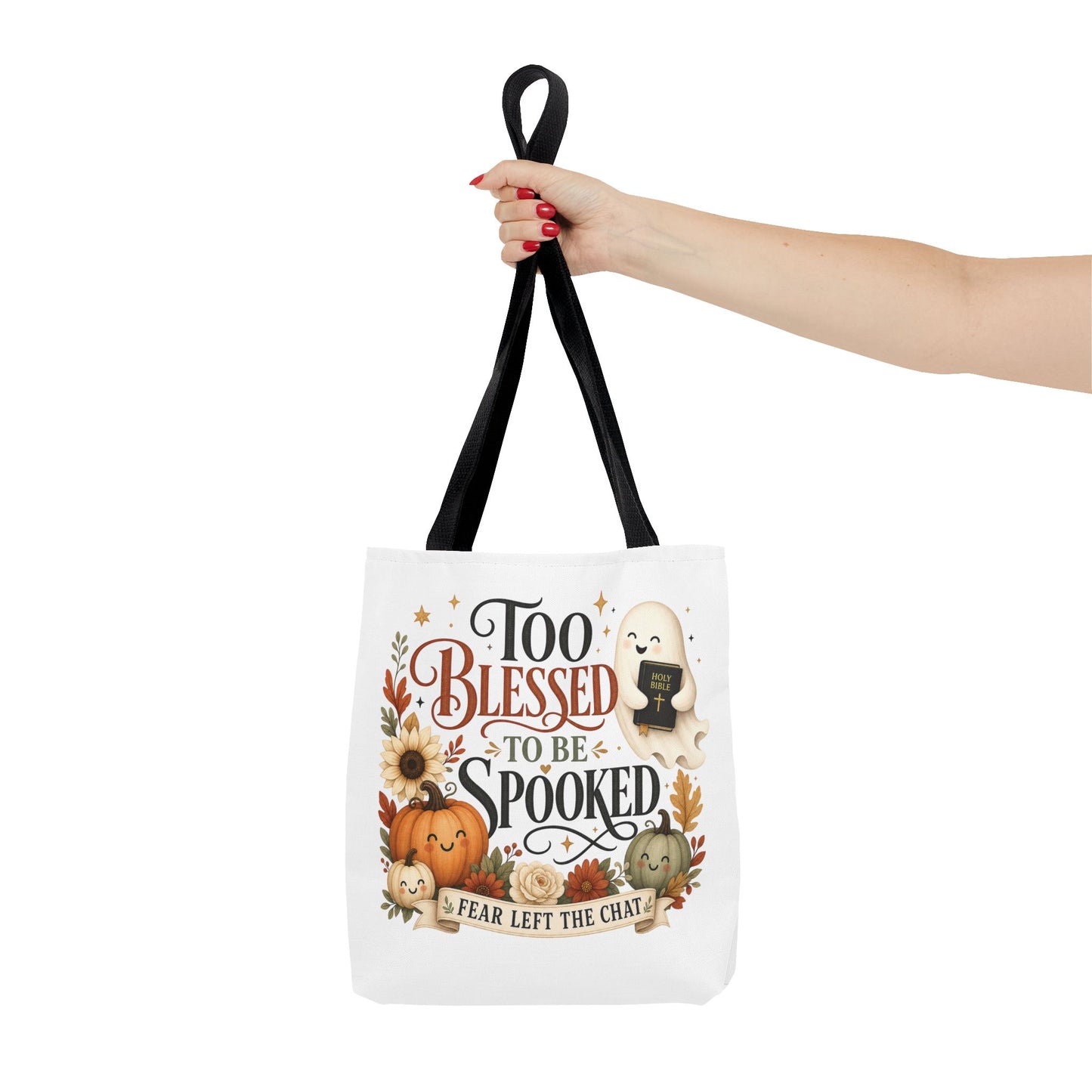 Too Blessed to Be Spooked Tote Bag | Halloween Pumpkin Ghost Fall Leaves