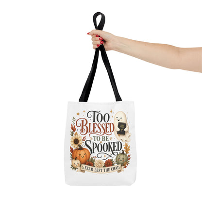 Too Blessed to Be Spooked Tote Bag | Halloween Pumpkin Ghost Fall Leaves