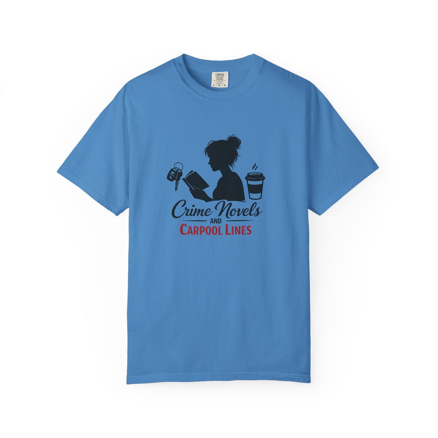 Crime Novels and Carpool Lines T-shirt | Reading Mom Silhouette, Coffee Graphic