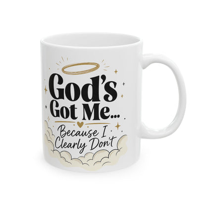 God's Got Me Mug | Religious Christian Coffee Cup with Halo & Clouds