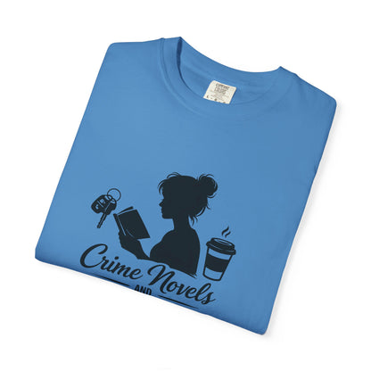 Crime Novels and Carpool Lines T-shirt | Reading Mom Silhouette, Coffee Graphic