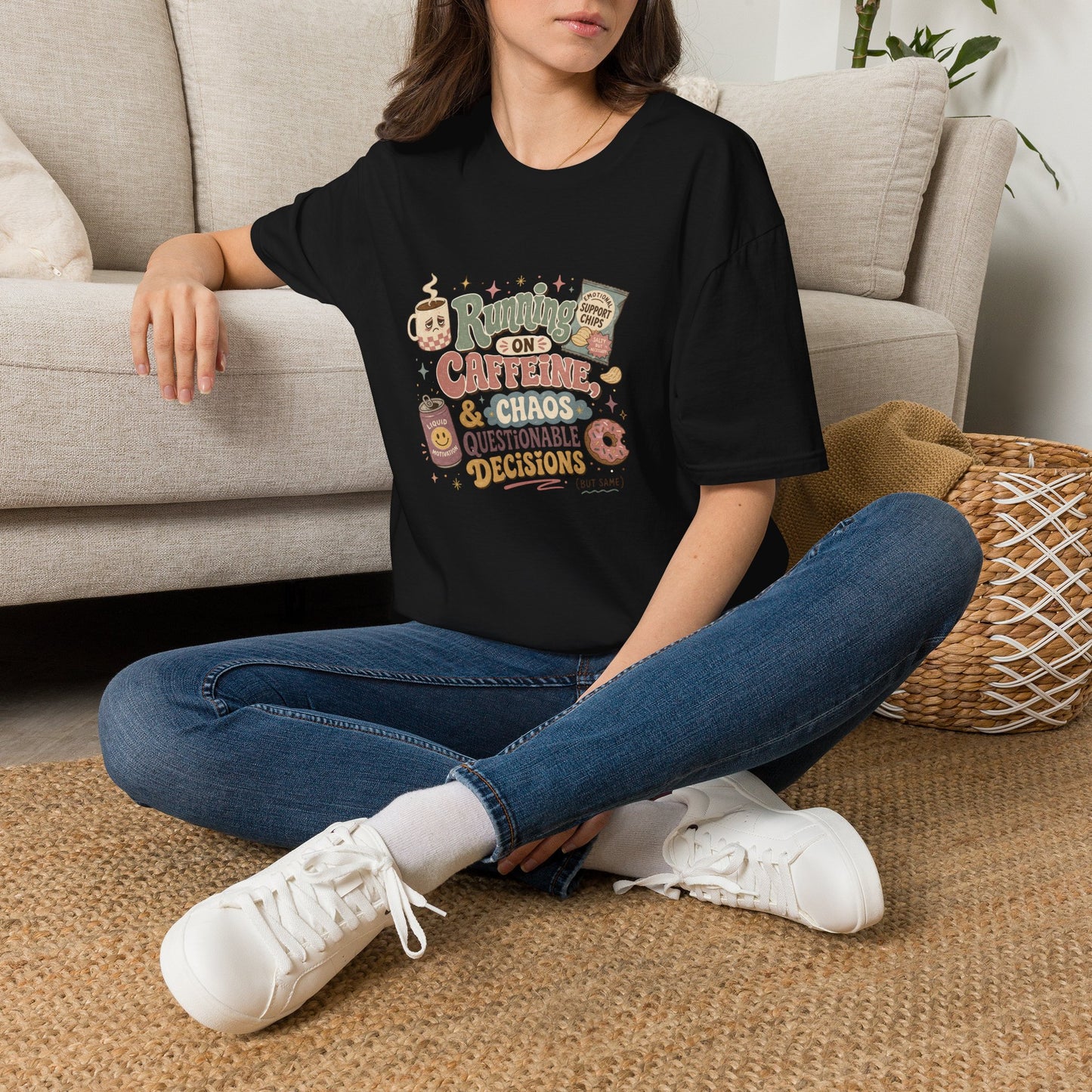 Running on Caffeine & Chaos T-Shirt | Coffee Mug Donut Illustration