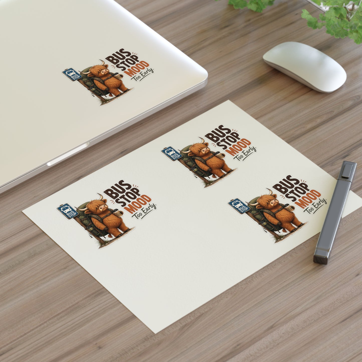 Bus Stop Mood Too Early Sticker Sheet | Highland Cow Sticker, Travel Coffee Decal