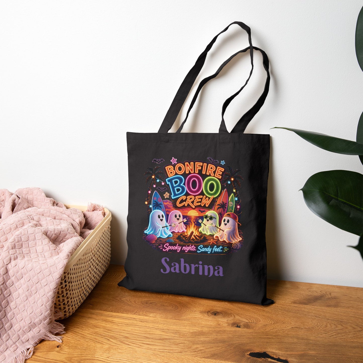 Bonfire Boo Crew Tote Bag | Halloween ghosts, campfire spooky beach design