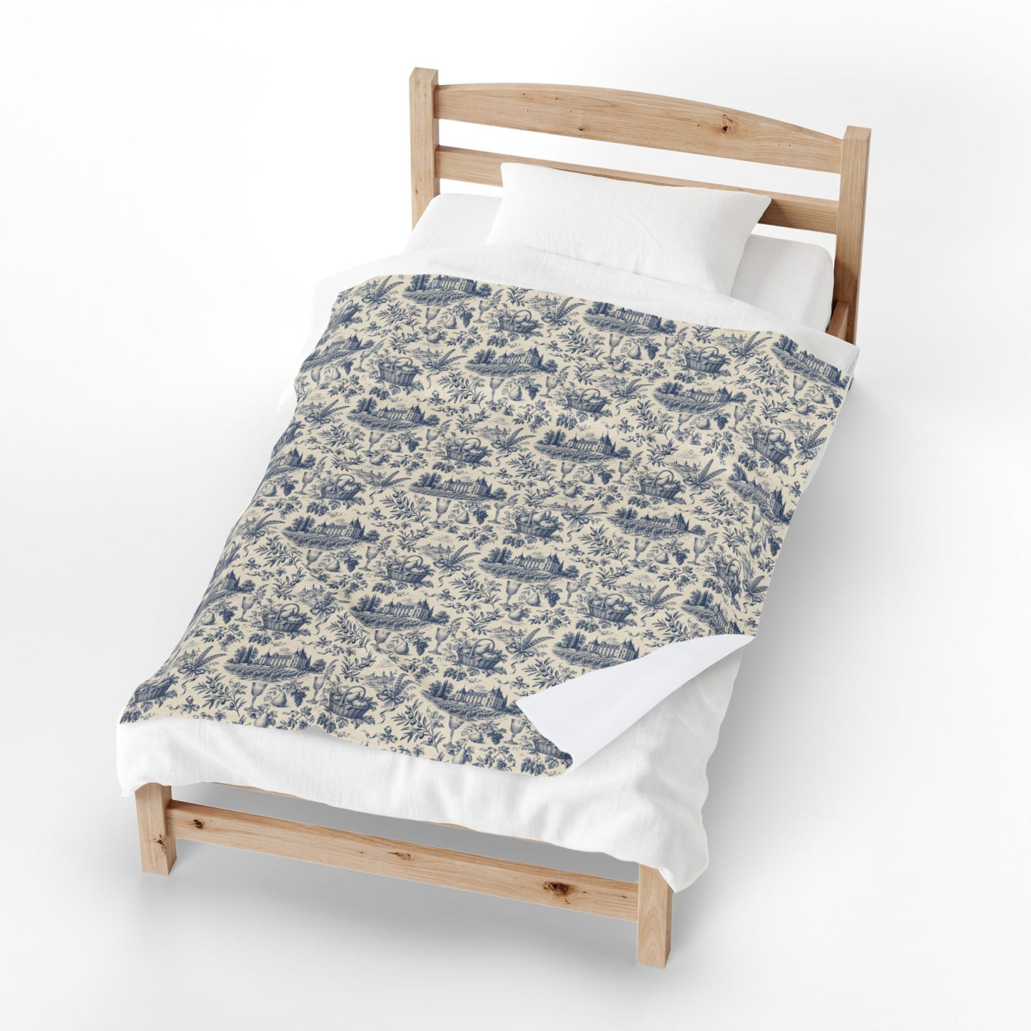 French Harvest Toile Landscape Velveteen Plush Blanket | Vintage Cottage Pattern