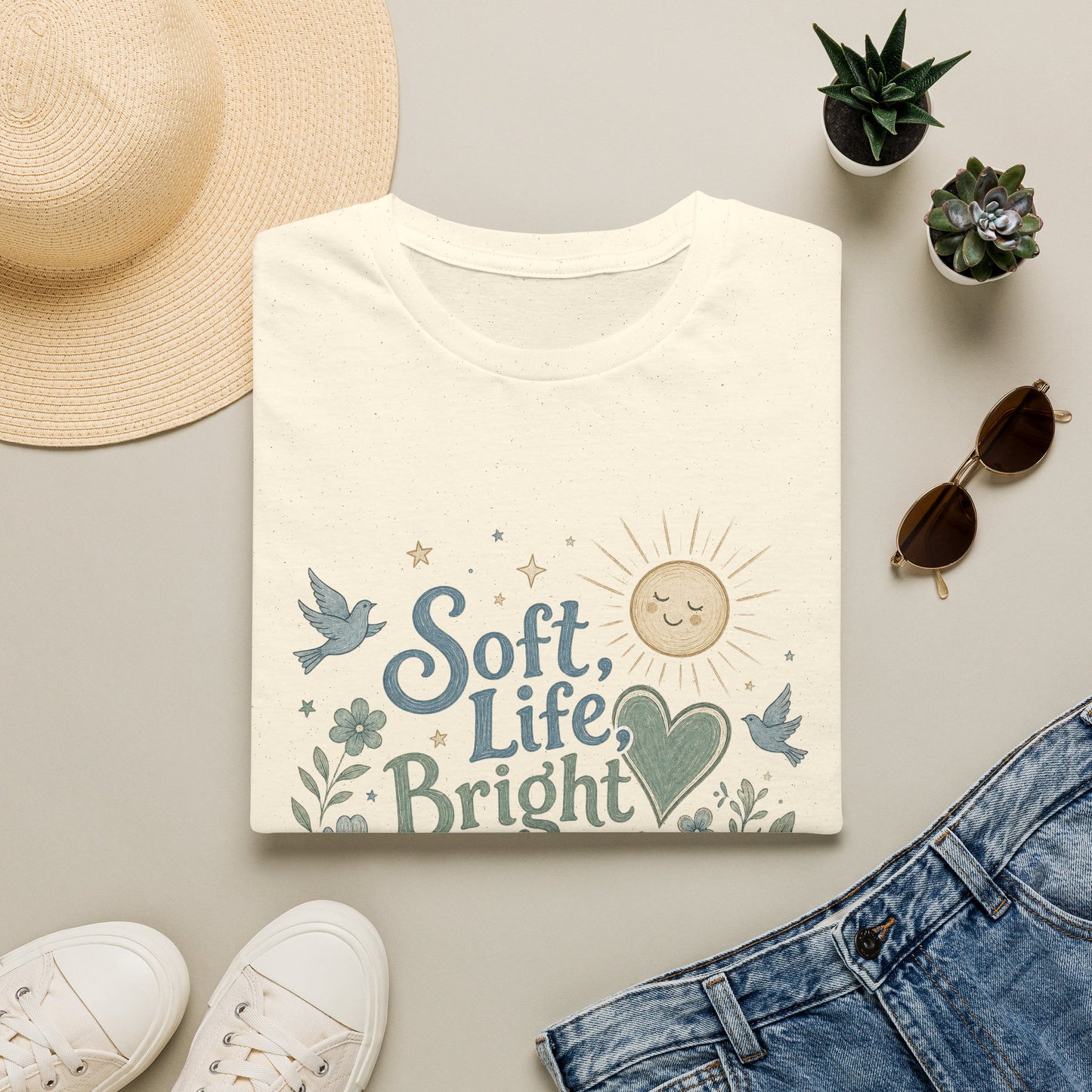 Soft Life Bright Heart T-Shirt | sun, doves, floral graphic