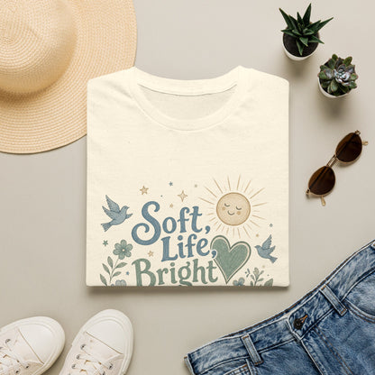 Soft Life Bright Heart T-Shirt | sun, doves, floral graphic