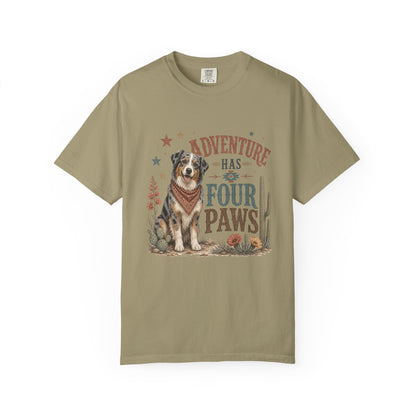 Adventure Has Four Paws T-Shirt | Australian Shepherd Design