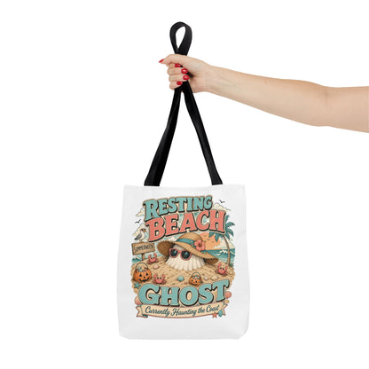 Resting Beach Ghost Tote Bag | Cute Halloween Beach Ghost Illustration