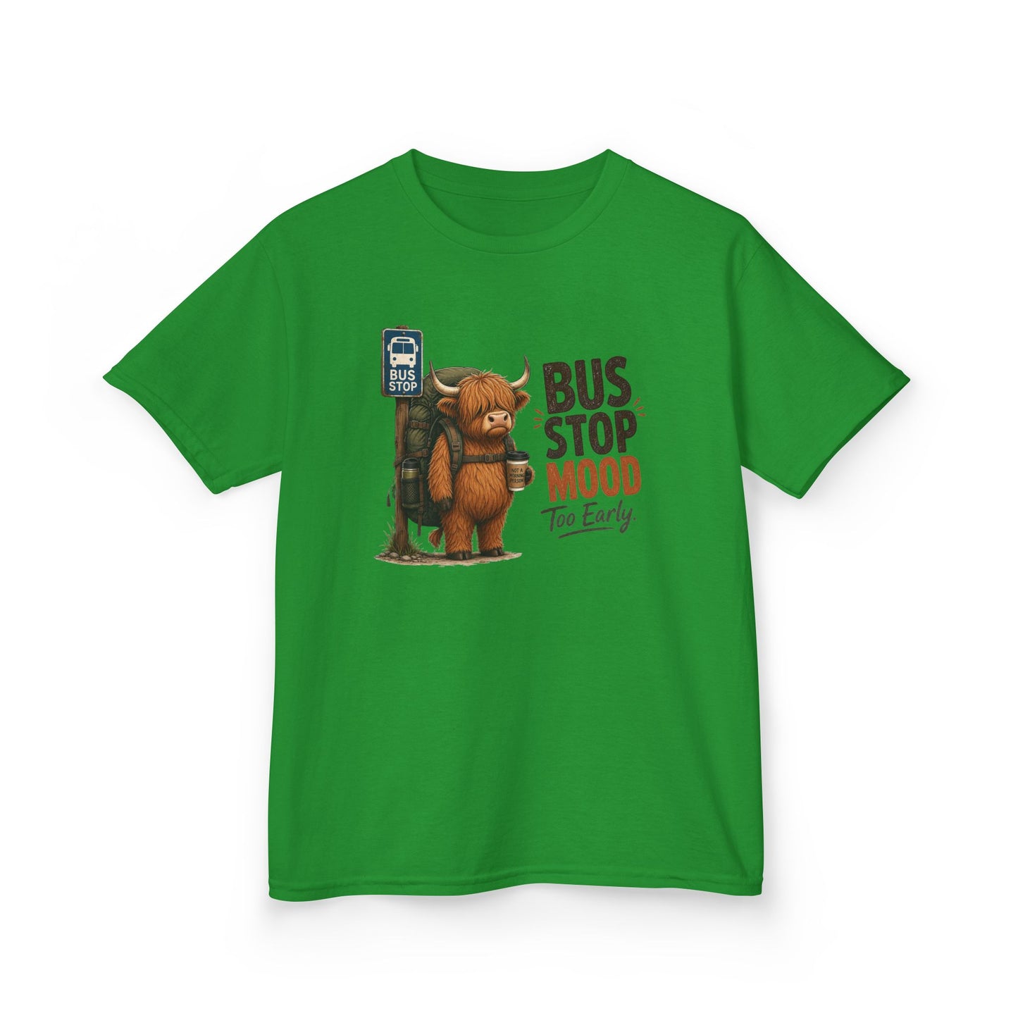 Bus Stop Mood Kids Tee | Grumpy Highland Cow Illustration, Funny Morning Shirt